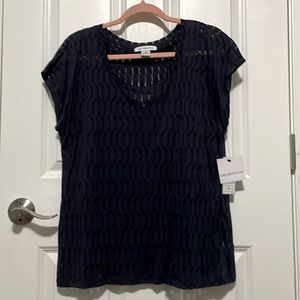 Women’s navy blue sheer top with attached navy blue tank-top lining. NWT